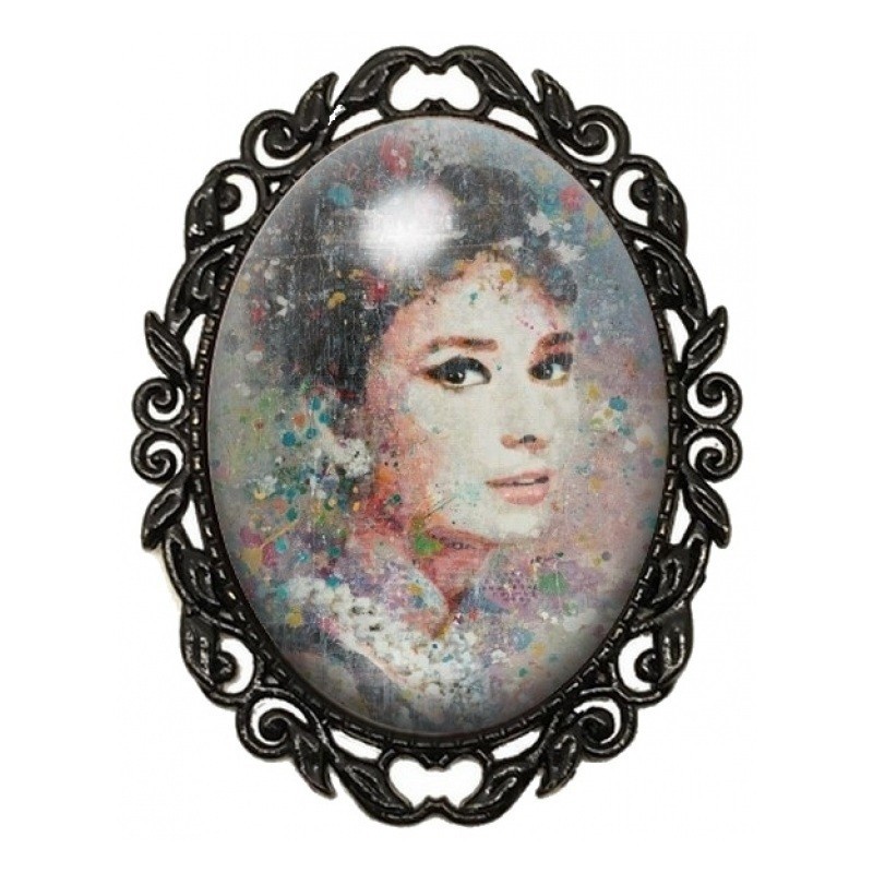 Broche Noire avec Cabochon en Verre Audrey Hepburn Aquarelle