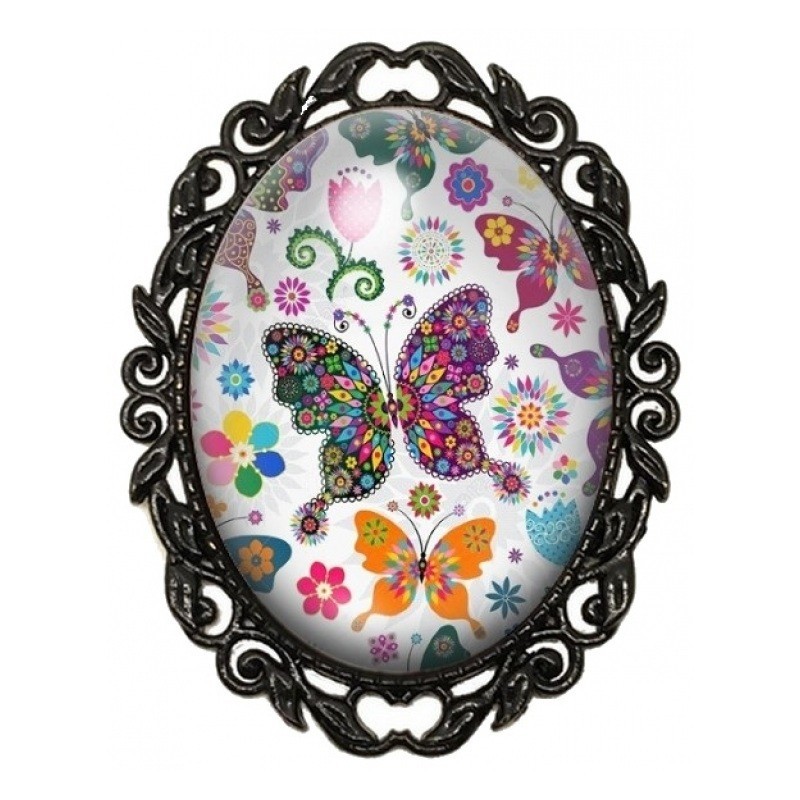 Broche Noire avec Cabochon en Verre Papillons Multicolores