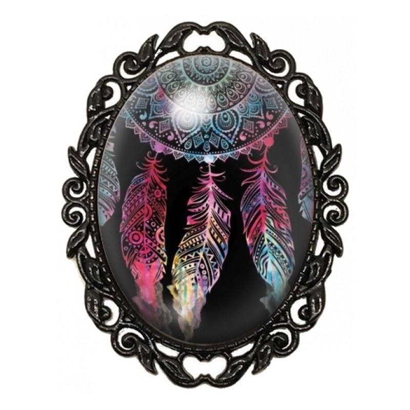 Broche Noire avec Cabochon en Verre Attrape-rêves Coloré