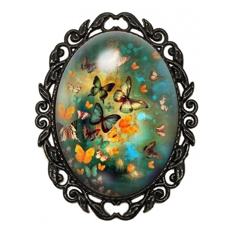 Broche Noire avec Cabochon en Verre Envolée de Papillons