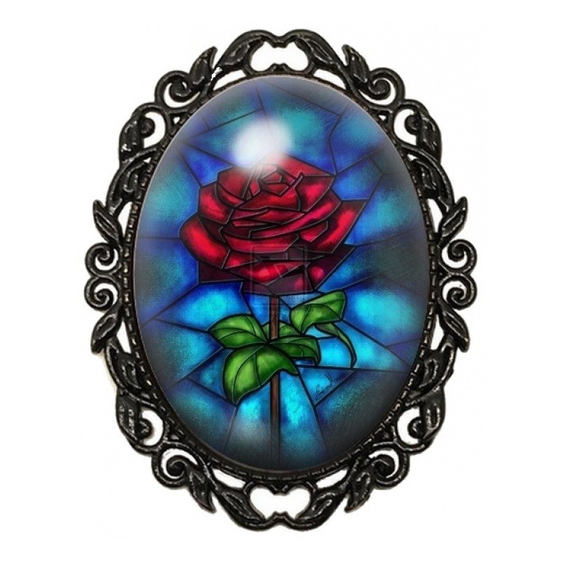 Broche Noire avec Cabochon en Verre Rose Vitrail La Belle et la Bête