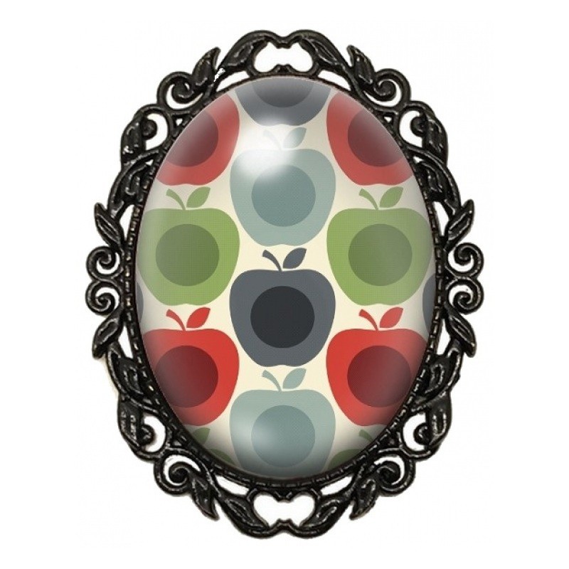 Broche Noire avec Cabochon en Verre Pommes Rétro