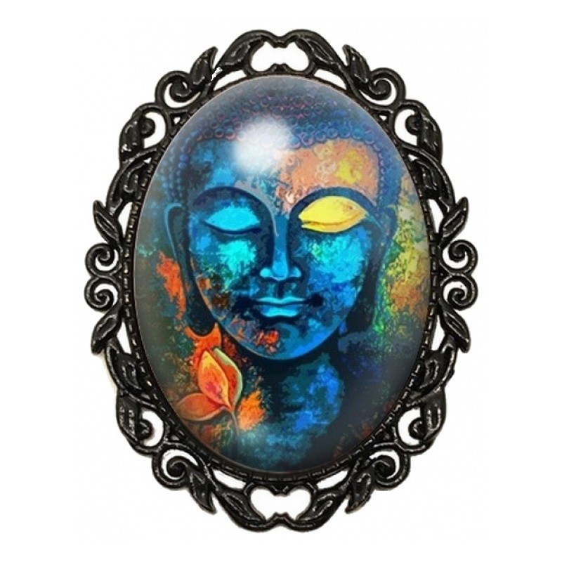 Broche Noire avec Cabochon en Verre Bouddha Bleu aux Éclats Dorés