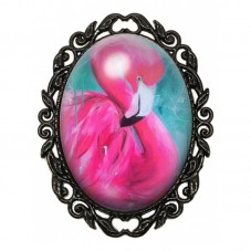 Broche Noire avec Cabochon en Verre Flamant Rose Aquarelle pour la Création de Bijoux Fantaisie - DIY