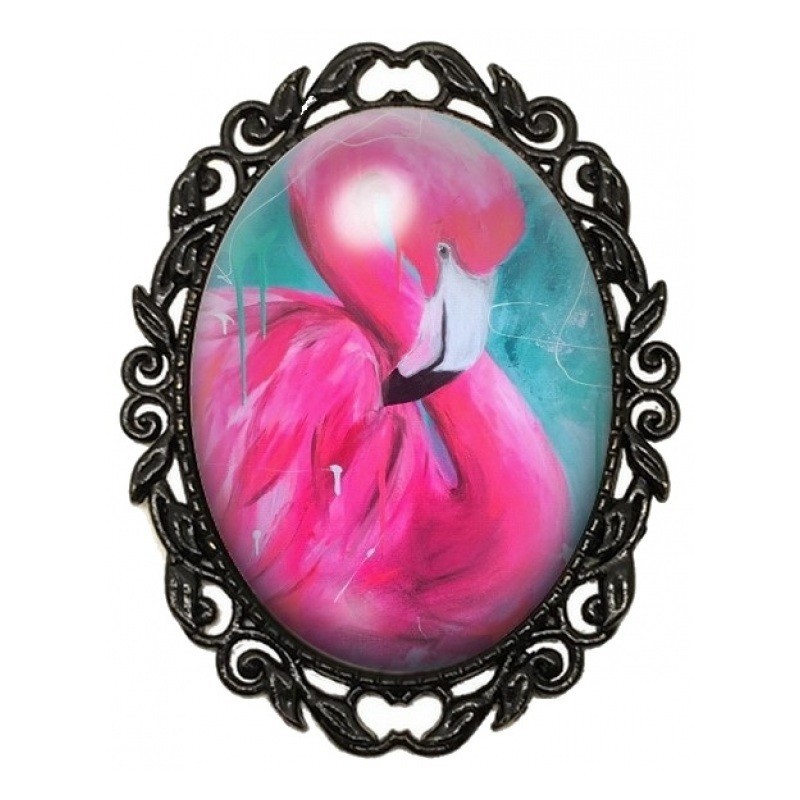 Broche Noire avec Cabochon en Verre Flamant Rose Aquarelle