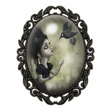 Broche Noire avec Cabochon en Verre Jeune Fille et Corbeau dans la Brume pour la Création de Bijoux Fantaisie - DIY