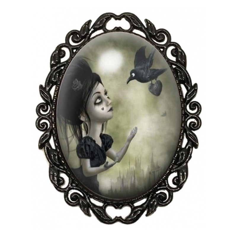 Broche Noire avec Cabochon en Verre Jeune Fille et Corbeau dans la Brume