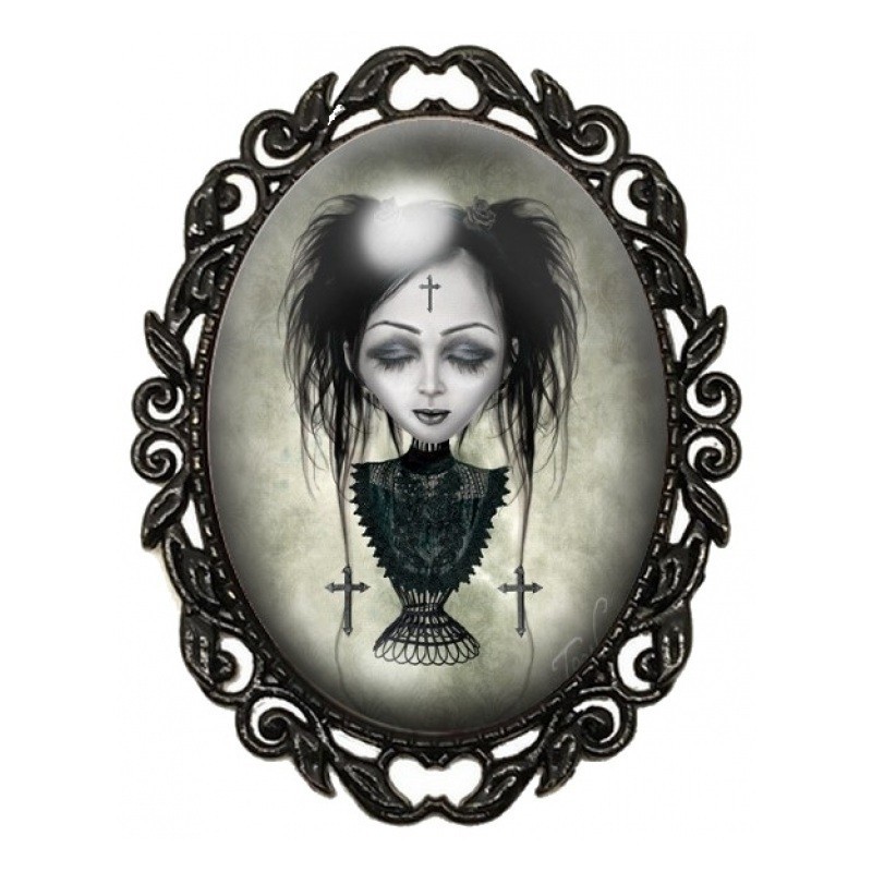 Broche Noire avec Cabochon en Verre Jeune Fille aux Croix Noires