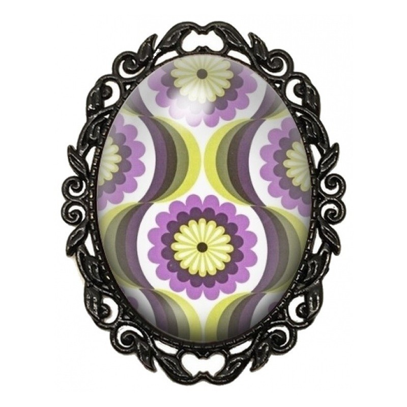 Broche Noire avec Cabochon en Verre Fleurs Rétro Mauves et Anis