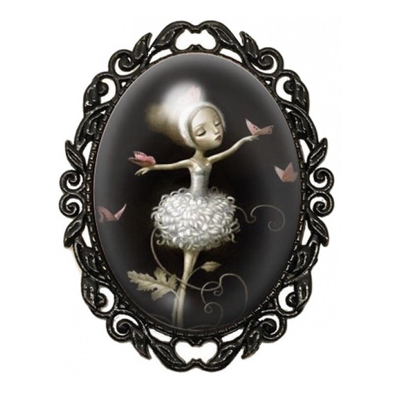 Broche Noire avec Cabochon en Verre Ballerine aux Papillons