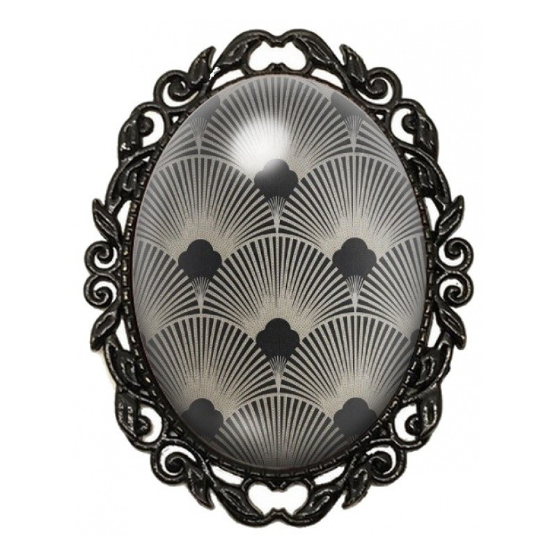 Broche Noire avec Cabochon en Verre Fleurs Art Déco