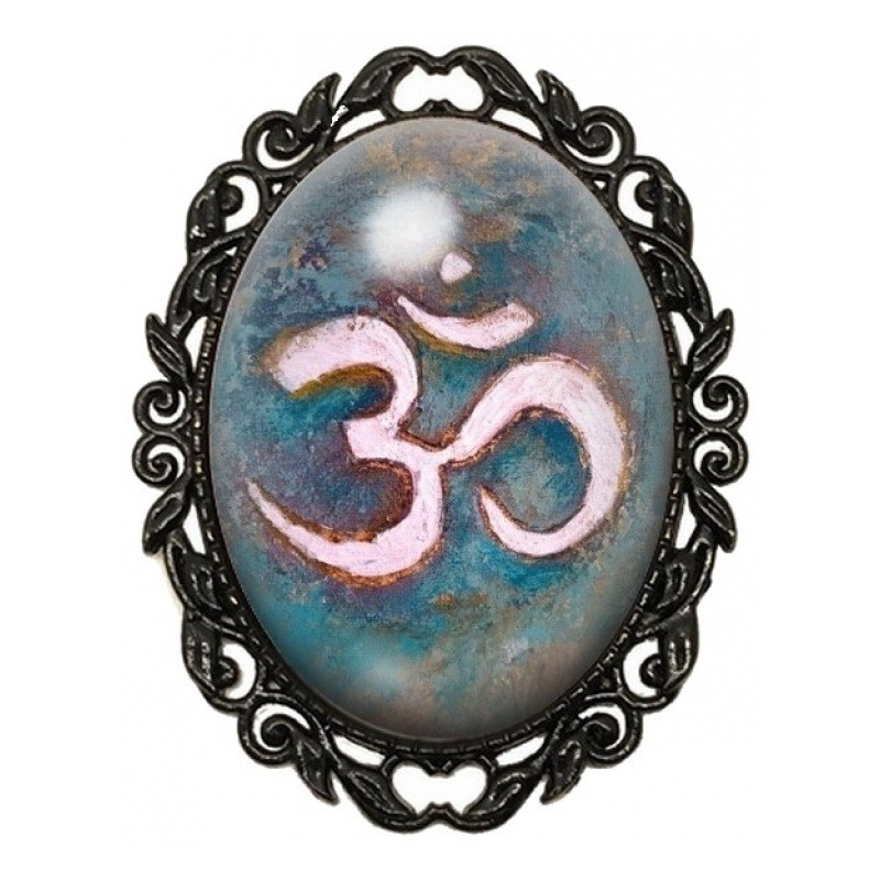 Broche Noire avec Cabochon en Verre Ohm Rose sur Fond Turquoise Patiné