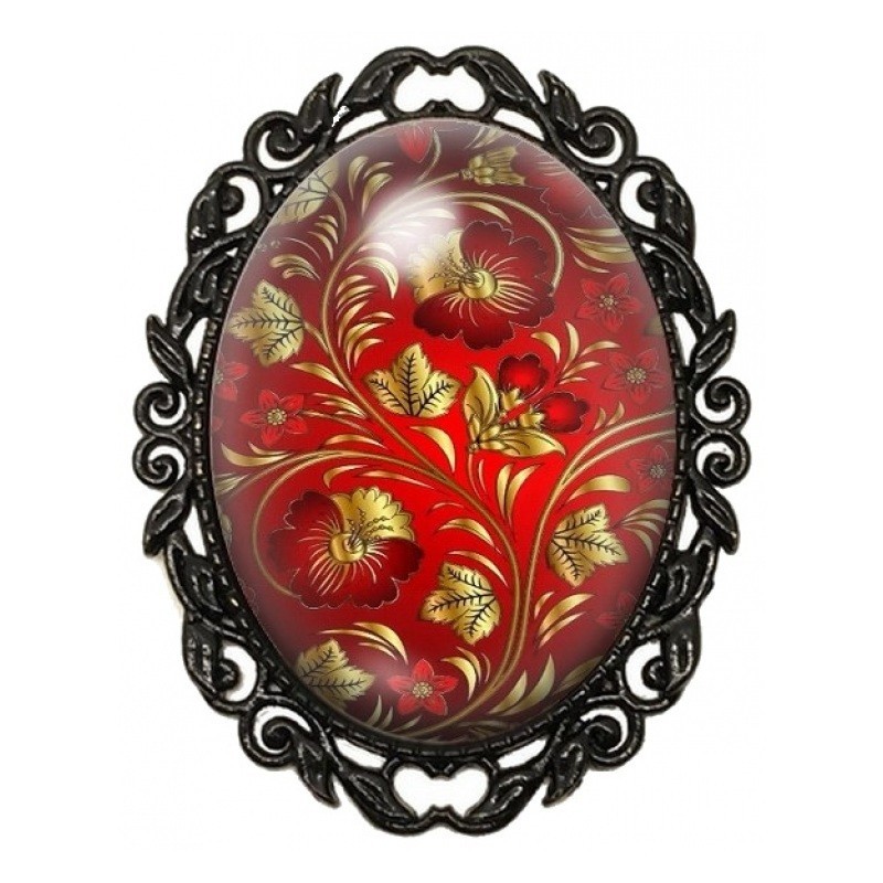 Broche Noire avec Cabochon en Verre Fleurs Rouges et Or