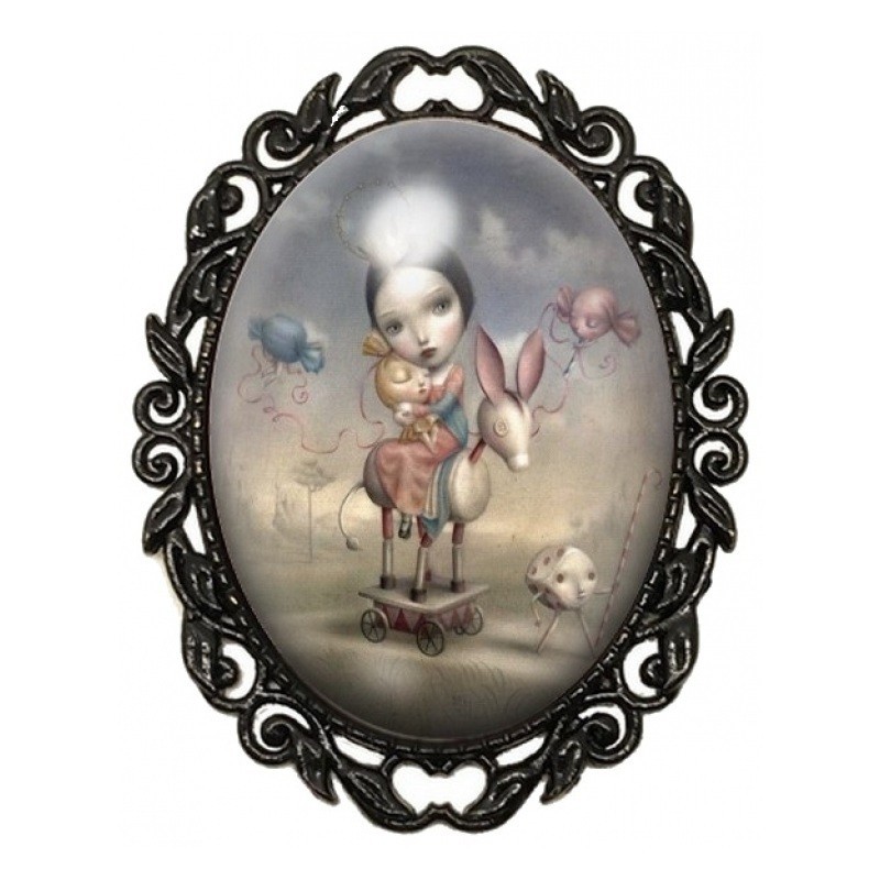 Broche Noire avec Cabochon en Verre Petite Fille et Lapin à Roulettes