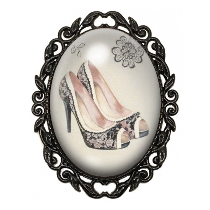 Broche Noire avec Cabochon en Verre Escarpins en Dentelle Vintage