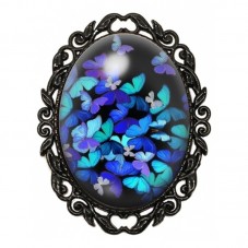 Broche Noire avec Cabochon en Verre Nuée de Papillons Bleus pour la Création de Bijoux Fantaisie - DIY