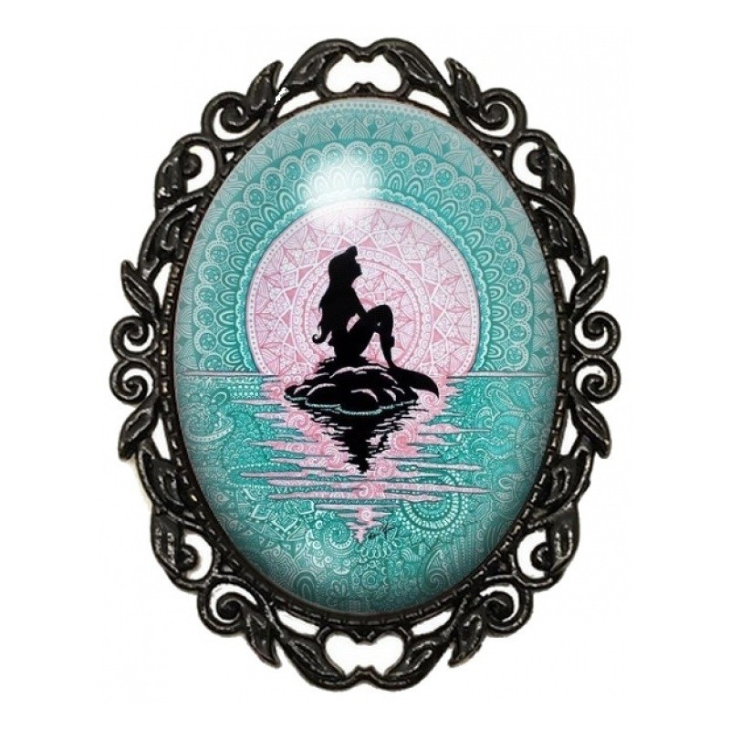Broche Noire avec Cabochon en Verre Petite Sirène au Soleil Mandala