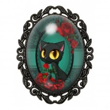Broche Noire avec Cabochon en Verre Chat Noir pour la Création de Bijoux Fantaisie - DIY