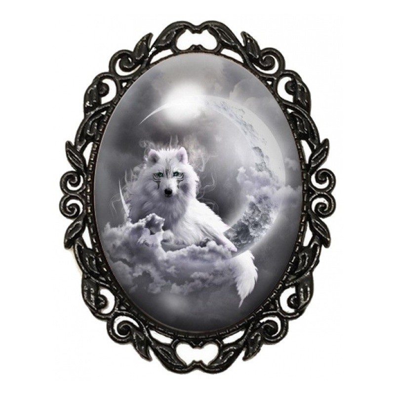 Broche Noire avec Cabochon en Verre Loup Lune