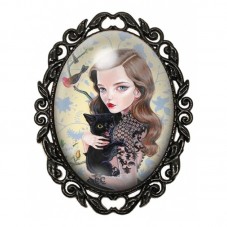 Broche Noire avec Cabochon en Verre Fille Chat Noir pour la Création de Bijoux Fantaisie - DIY