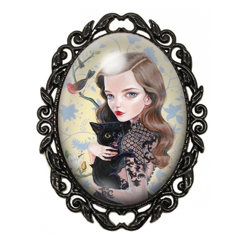 Broche Noire avec Cabochon en Verre Fille Chat Noir