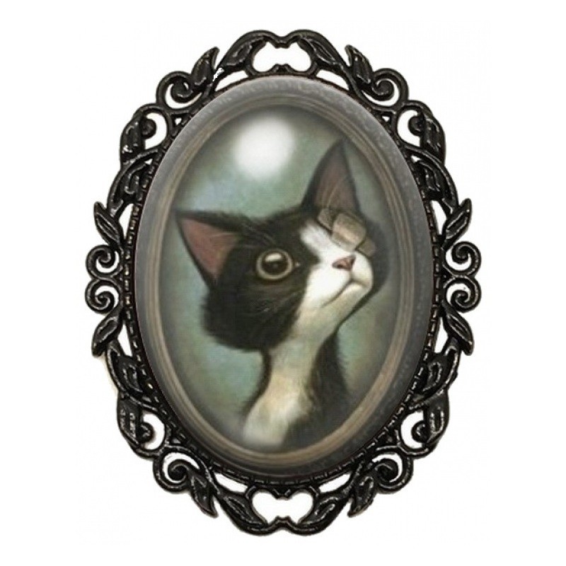 Broche Noire avec Cabochon en Verre Chat Noir et Blanc à l’Œil Bandé