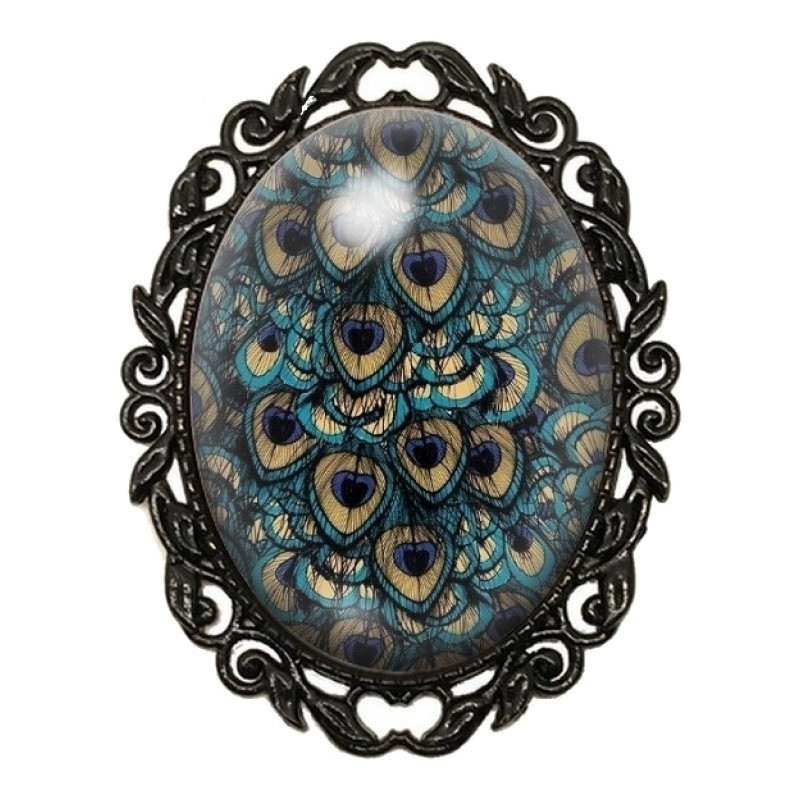 Broche Noire avec Cabochon en Verre Plumes de Paon