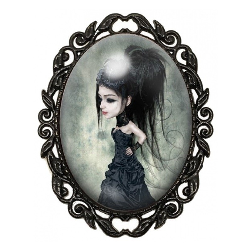 Broche Noire avec Cabochon en Verre Jeune Fille en Robe Noire Victorienne