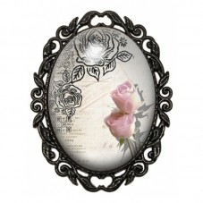 Broche Noire avec Cabochon en Verre Roses Poudrées sur Papier Ancien pour la Création de Bijoux Fantaisie - DIY