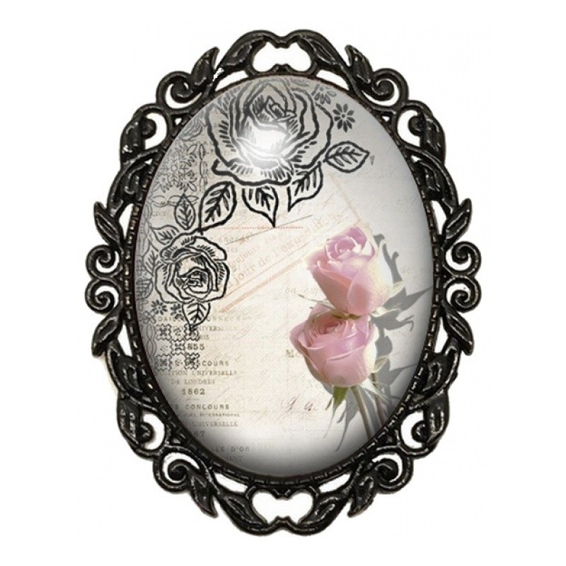 Broche Noire avec Cabochon en Verre Roses Poudrées sur Papier Ancien