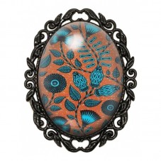 Broche Noire avec Cabochon en Verre Jardin Graphique Turquoise et Corail pour la Création de Bijoux Fantaisie - DIY
