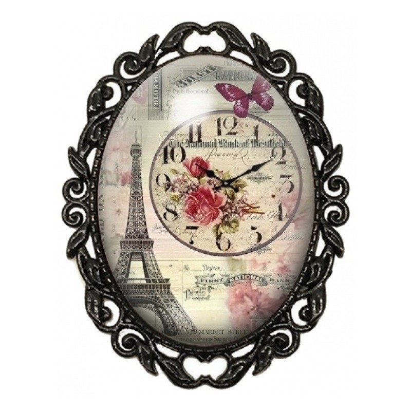 Broche Noire avec Cabochon en Verre Tour Eiffel Horloge et Roses Vintage