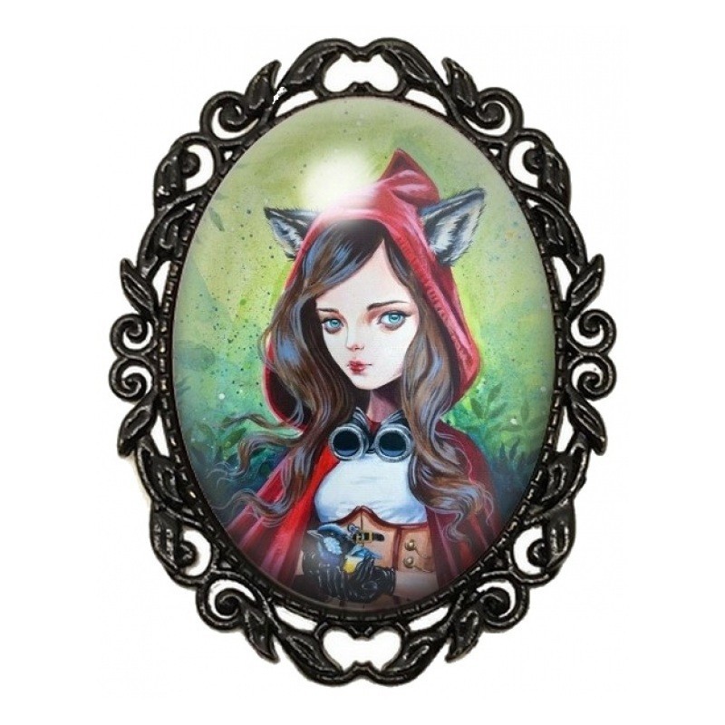 Broche Noire avec Cabochon en Verre Petit Chaperon Rouge aux Oreilles de Loup