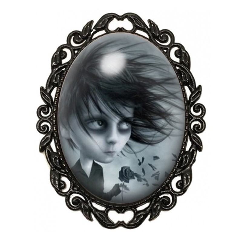 Broche Noire avec Cabochon en Verre Garçon à la Rose Noire