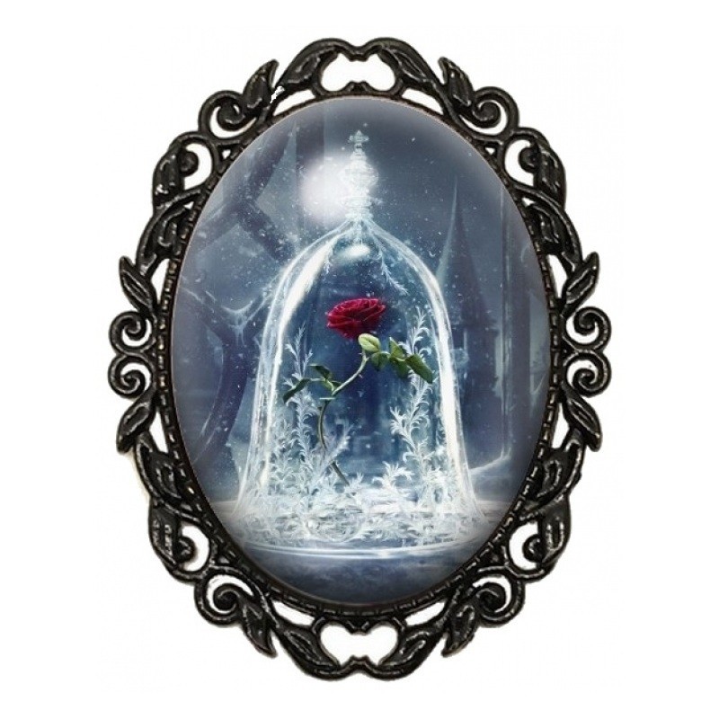 Broche Noire avec Cabochon en Verre Rose sous Cloche La Belle et la Bête