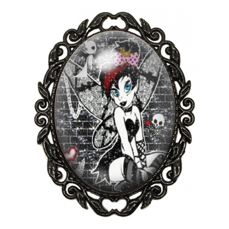 Broche Noire avec Cabochon en Verre Fée Gothique aux Yeux Bleus