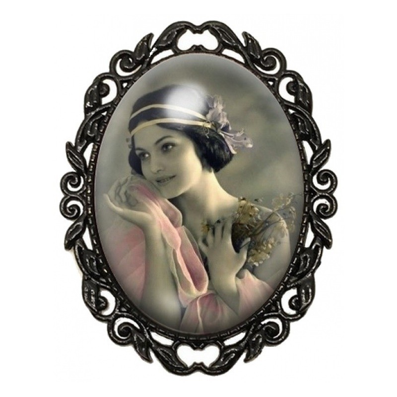 Broche Noire avec Cabochon en Verre Femme des Années Folles au Châle Rose