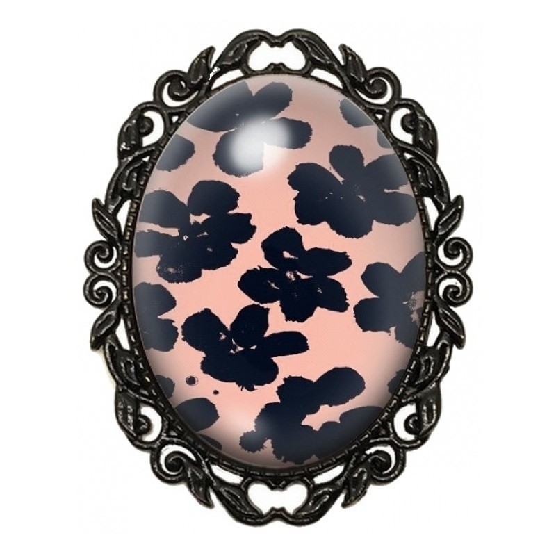 Broche Noire avec Cabochon en Verre Fleurs Noires sur Fond Rose Poudré