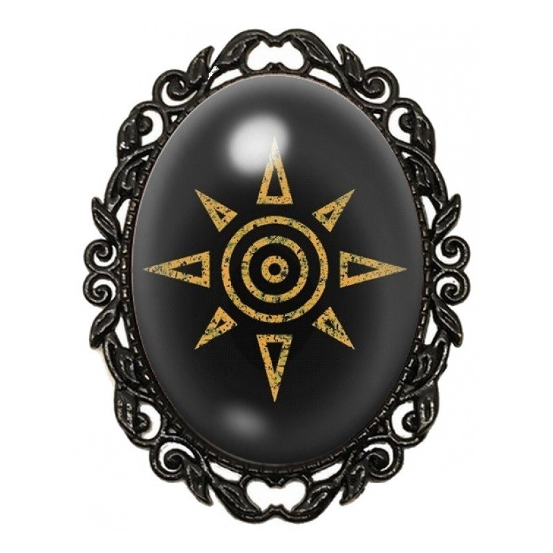 Broche Noire avec Cabochon en Verre Soleil Doré sur Fond Noir