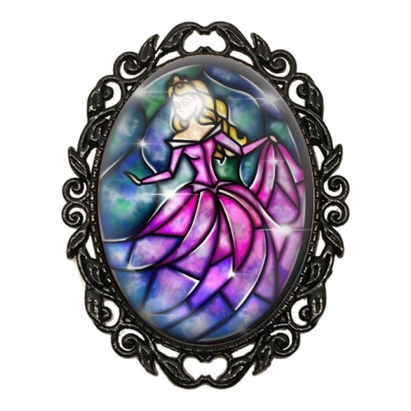 Broche Noire avec Cabochon en Verre Belle au Bois Dormant en Vitrail Rose