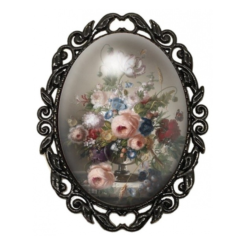 Broche Noire avec Cabochon en Verre Fleurs