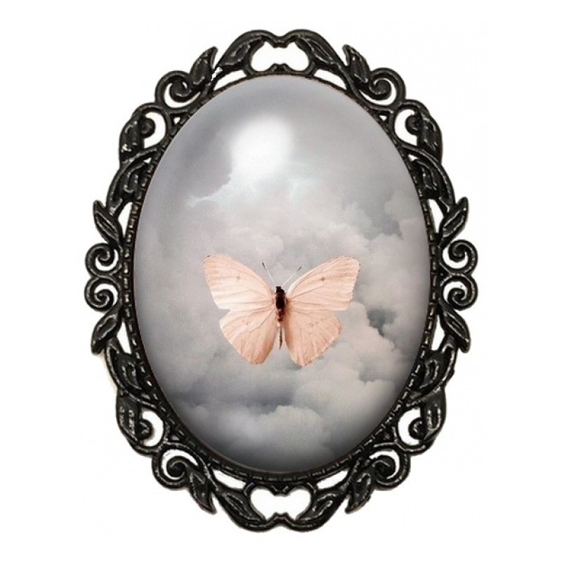 Broche Noire avec Cabochon en Verre Papillon Rose Poudré dans les Nuages