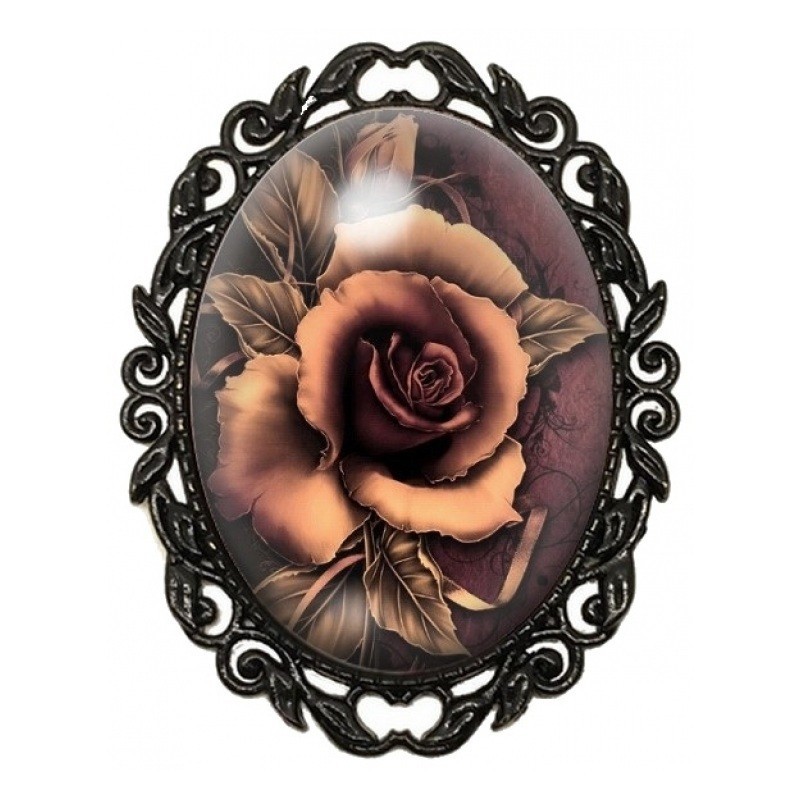 Broche Noire avec Cabochon en Verre Rose Cuivrée aux Pétales Sombres