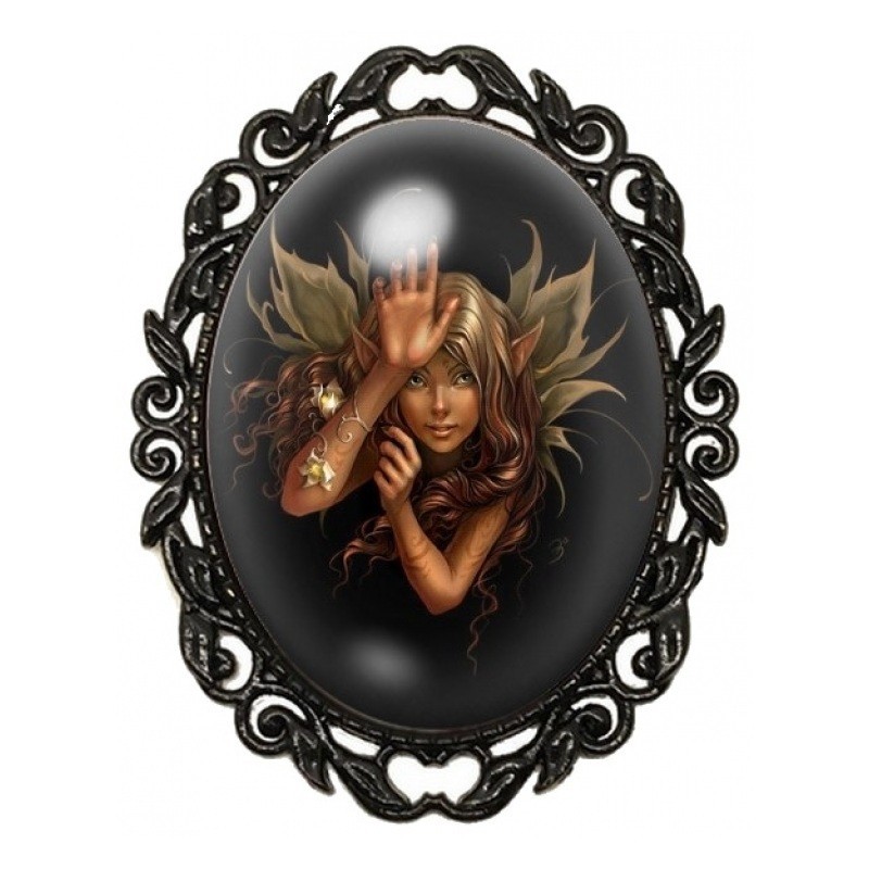 Broche Noire avec Cabochon en Verre Fée aux Ailes de Feuilles Dorées