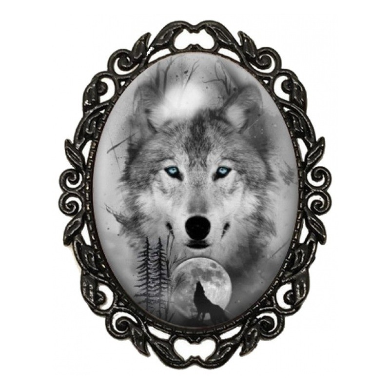 Broche Noire avec Cabochon en Verre Loup