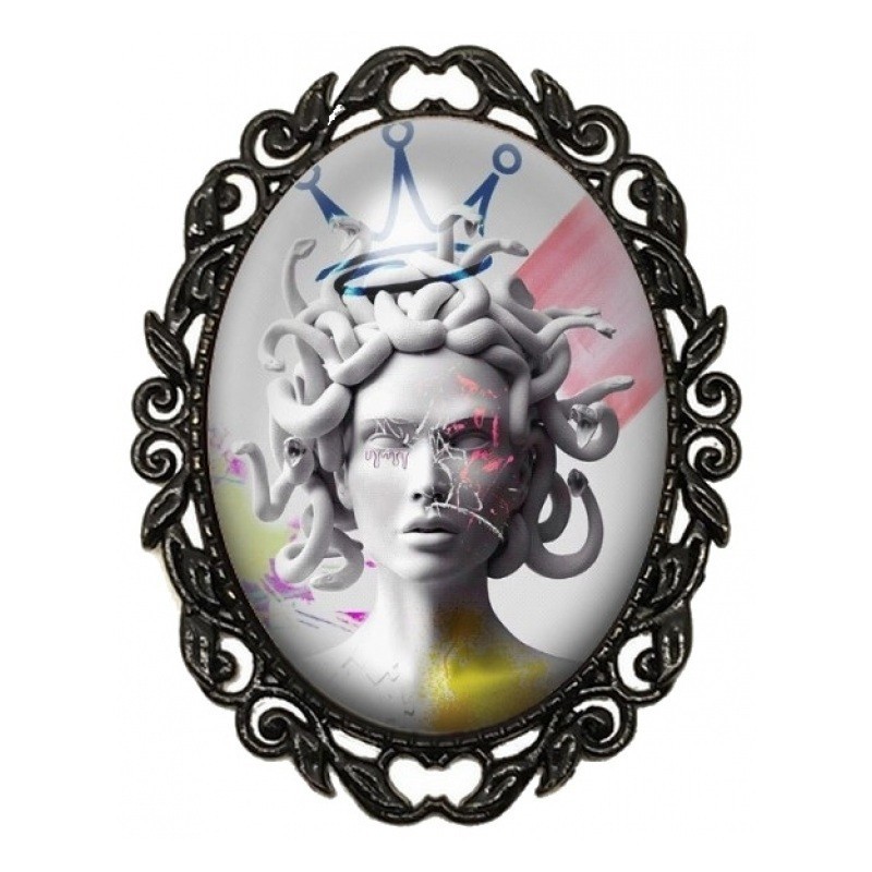 Broche Noire avec Cabochon en Verre Méduse Mythologie Grecque