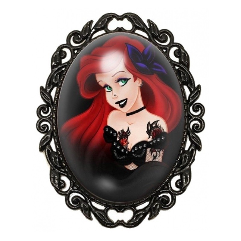 Broche Noire avec Cabochon en Verre Petite Sirène Gothique au Nœud Violet