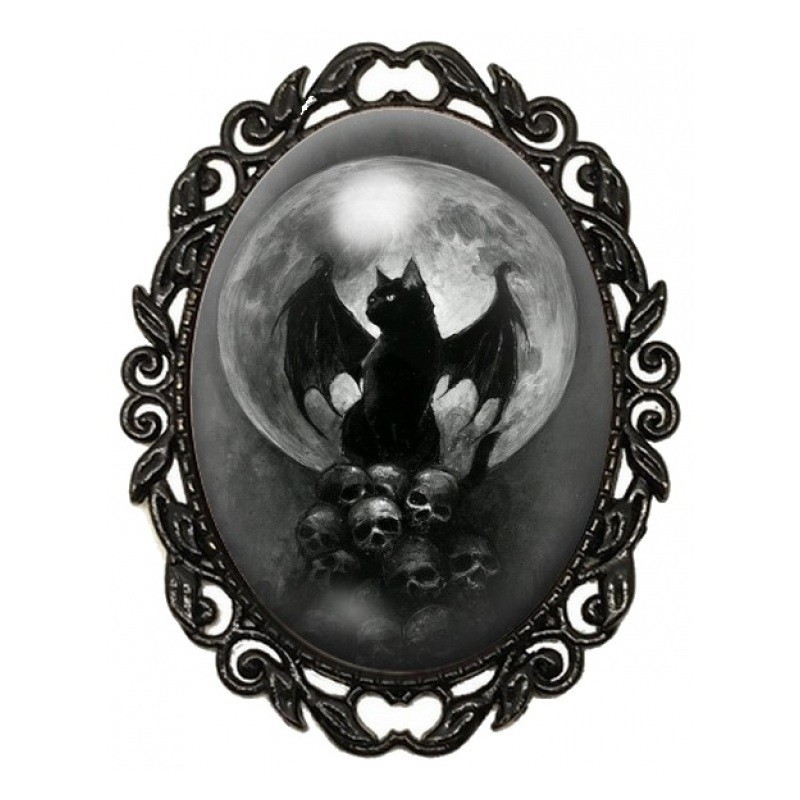 Broche Noire avec Cabochon en Verre Chat Noir Crâne Gothique