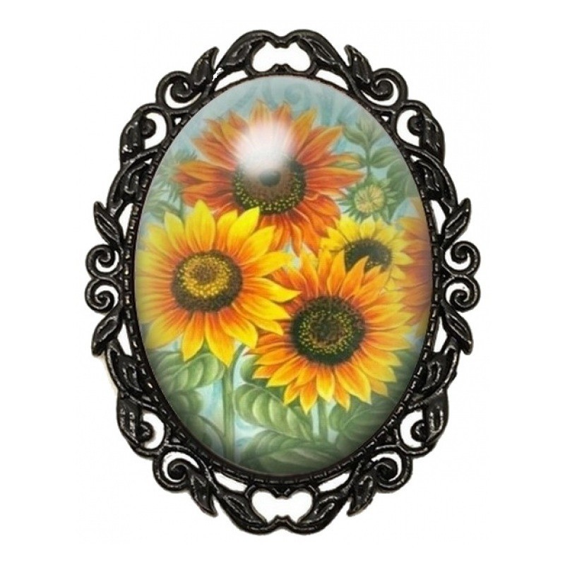 Broche Noire avec Cabochon en Verre Fleurs Tournesol