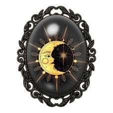 Broche Noire avec Cabochon en Verre Soleil et Lune Dorés sur Fond Noir pour la Création de Bijoux Fantaisie - DIY